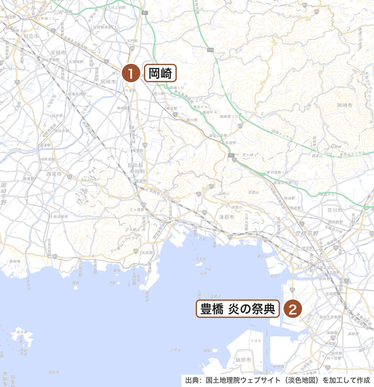 愛知県の主な花火大会の位置を示した地図