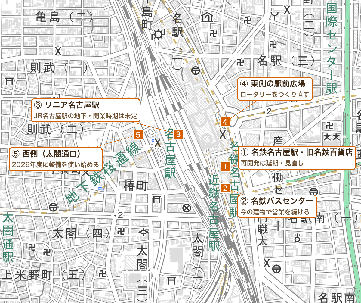 名古屋駅まわりの再開発の場所の地図